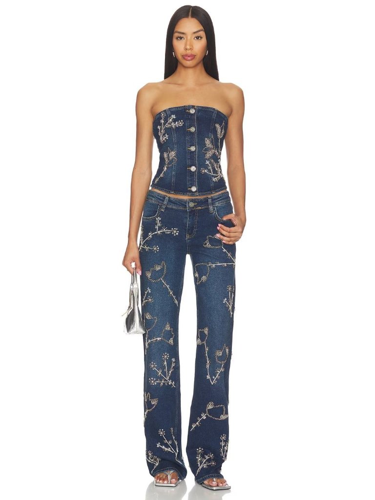 Ow Collection Nova Embellished Top And Jeans Set Dark Wash Denim Womens Size Sma